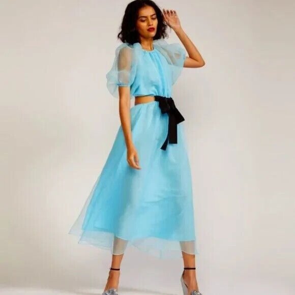 Cynthia Rowley Clara Organza Dress Light Blue Belted Midi Dress Size XS